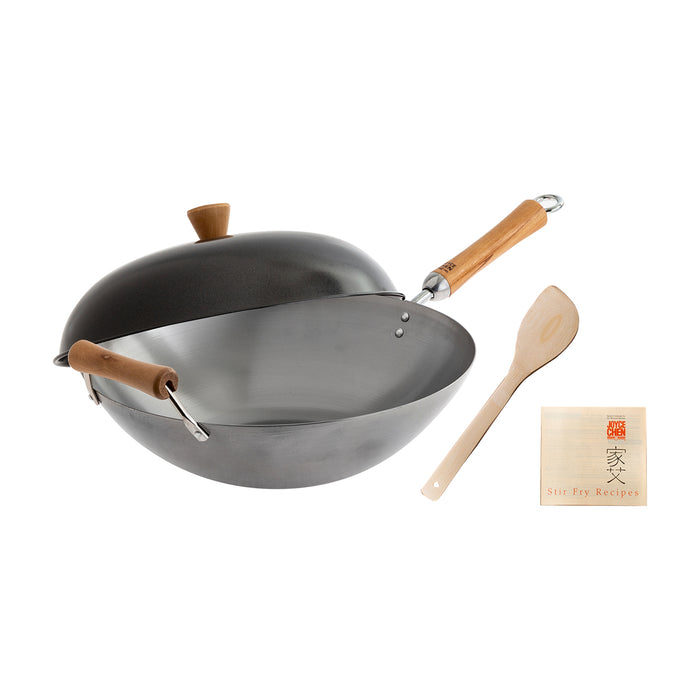 Joyce Chen Classic Series 14-Inch Uncoated Carbon Steel Flat Bottom Wok Set with Lid and Birch Handles, 4 Pieces