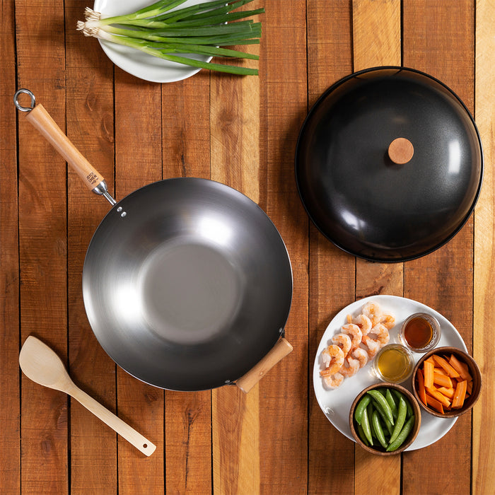 Joyce Chen Classic Series 14-Inch Uncoated Carbon Steel Flat Bottom Wok Set with Lid and Birch Handles, 4 Pieces