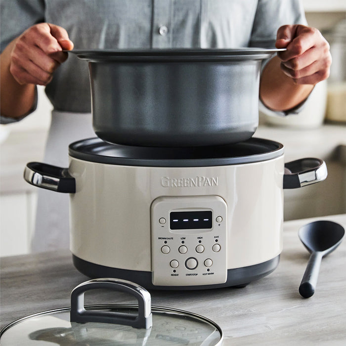 GreenPan Bistro 4 Quart Slow Cooker with In-Pot Browning in Macadamia