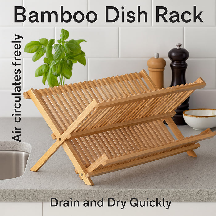 HIC Kitchen Bamboo Foldable Compact Dish Drying Rack