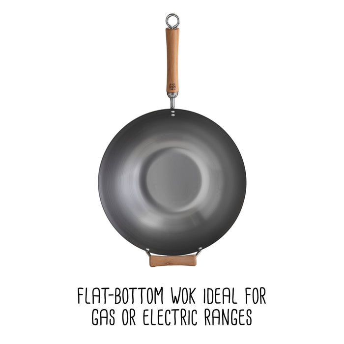 Joyce Chen Classic Series 14-Inch Carbon Steel Flat Bottom Wok with Birch Handles