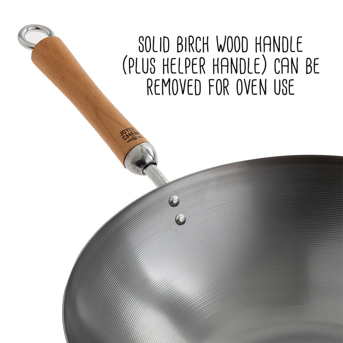 Joyce Chen Classic Series 14-Inch Uncoated Carbon Steel Flat Bottom Wok Set with Lid and Birch Handles, 4 Pieces