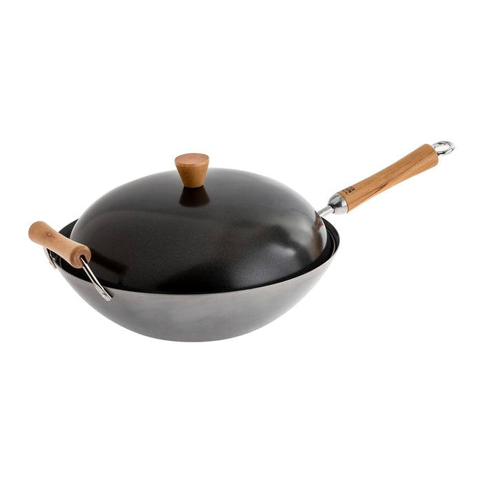 Joyce Chen Classic Series 14-Inch Uncoated Carbon Steel Flat Bottom Wok Set with Lid and Birch Handles, 4 Pieces