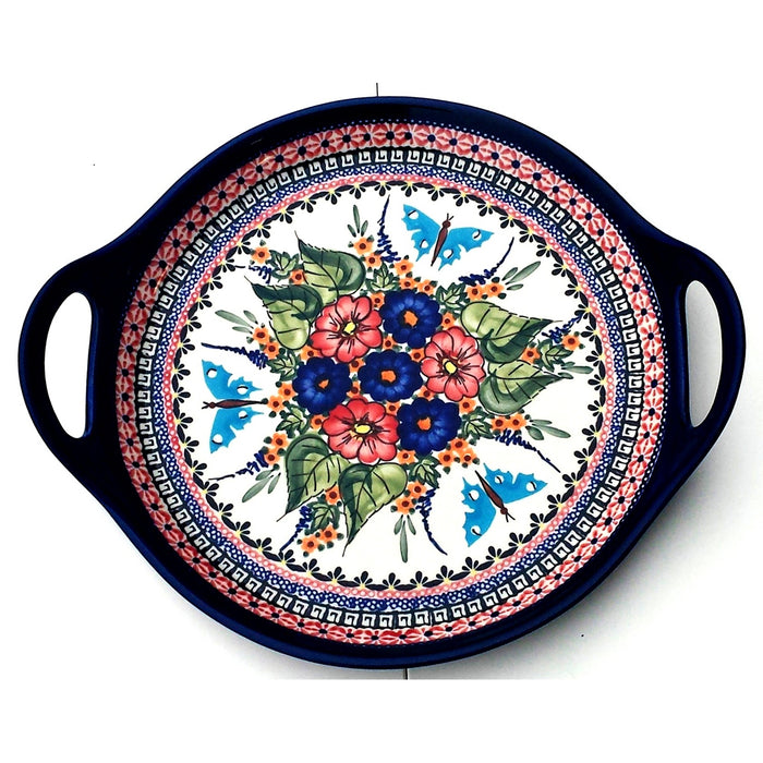Polish Pottery 12.5" Round Stoneware Handled Platter Butterfy Merry Making