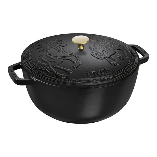Staub Enameled Cast Iron 5.25 Qt Essential French Oven with Horse Lid in Black Matte