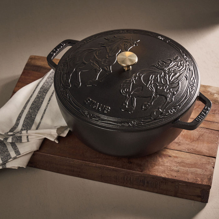 Staub Enameled Cast Iron 5.25 Qt Essential French Oven with Horse Lid in Black Matte