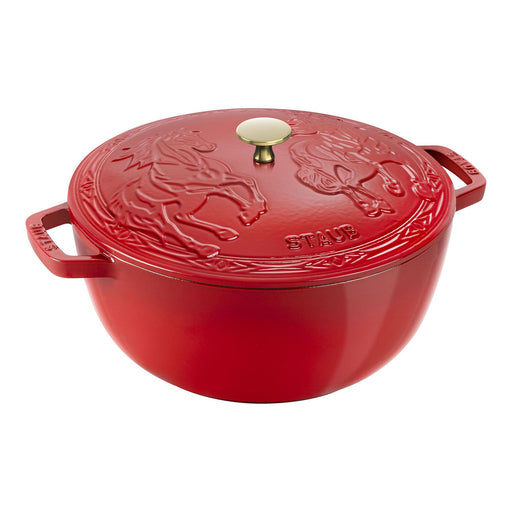 Staub Enameled Cast Iron 5.25 Qt Essential French Oven with Horse Lid in Cherry Red
