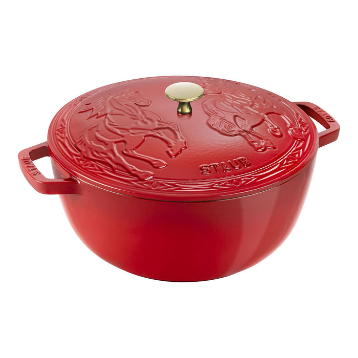 Staub Enameled Cast Iron 5.25 Qt Essential French Oven with Horse Lid in Cherry Red