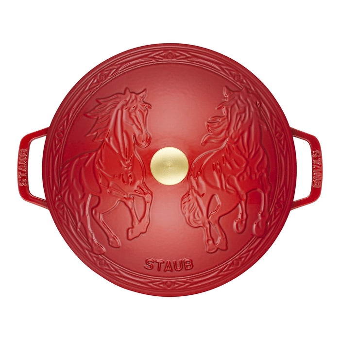 Staub Enameled Cast Iron 5.25 Qt Essential French Oven with Horse Lid in Cherry Red