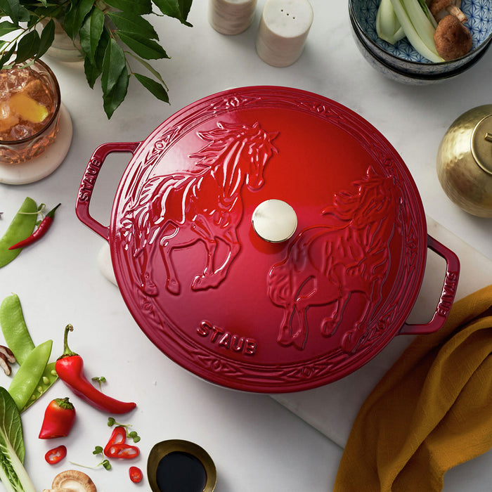 Staub Enameled Cast Iron 5.25 Qt Essential French Oven with Horse Lid in Cherry Red