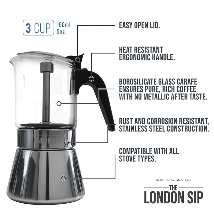 The London Sip Glass Stovetop Espresso Coffee Maker 3 Cup