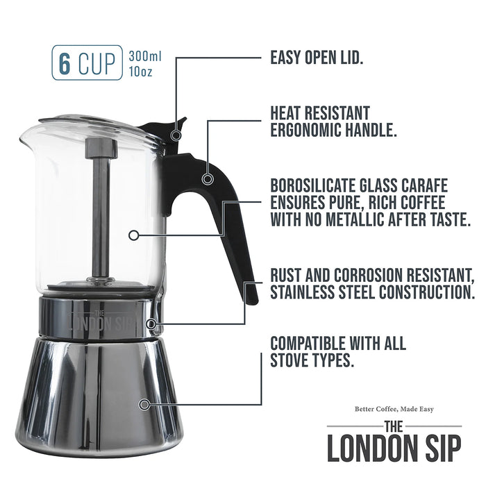 The London Sip Glass Stovetop Espresso Coffee Maker 6 Cup