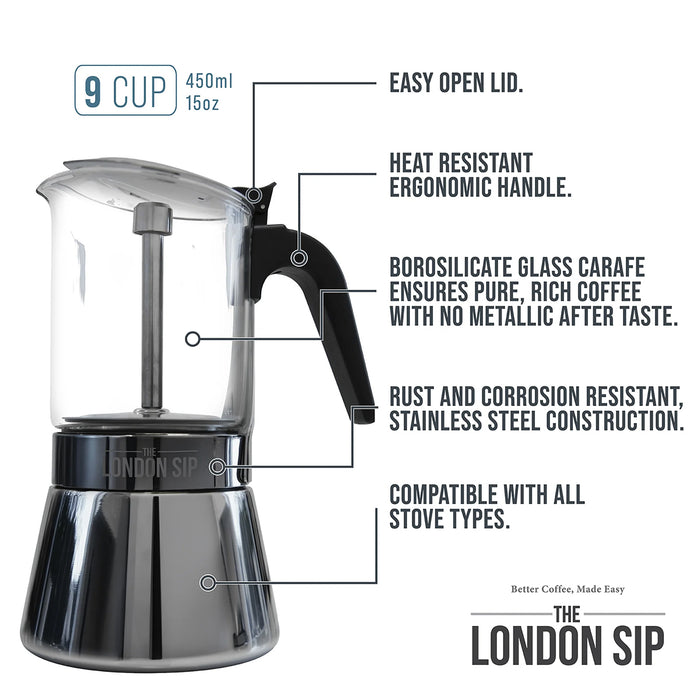 The London Sip Glass Stovetop Espresso Coffee Maker 9 Cup