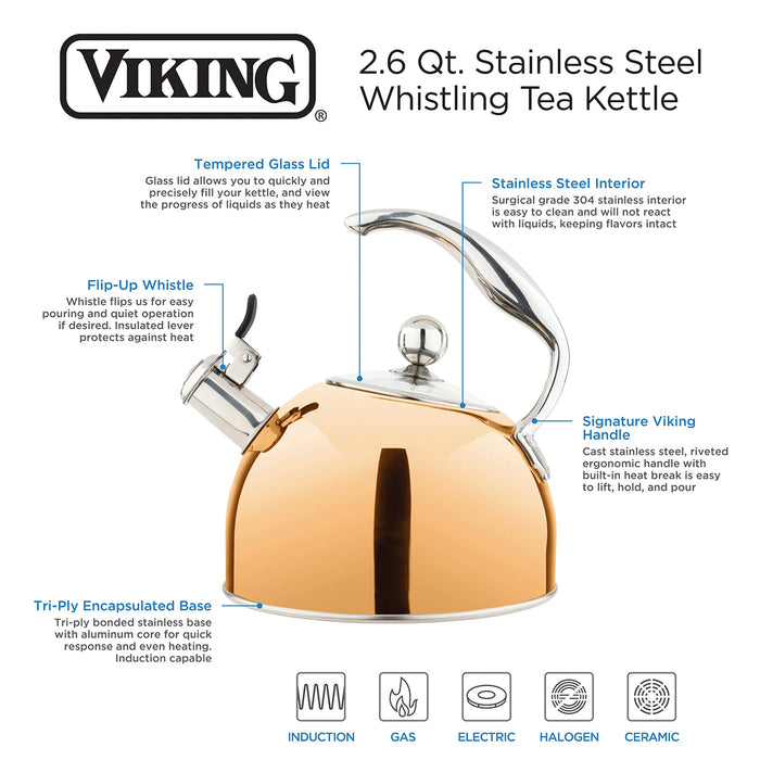 Viking 2.6 Qt Rose Gold Stainless Steel Whistling Kettle with 3-Ply Base