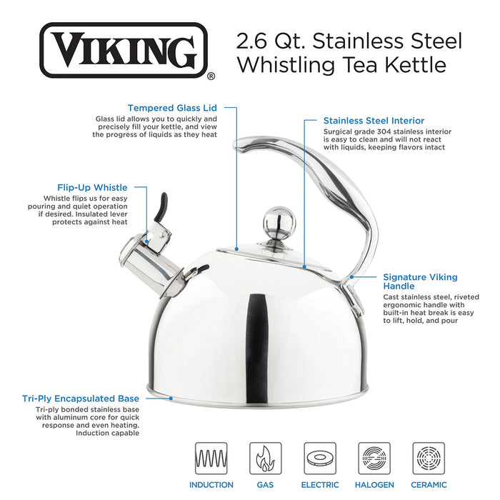 Viking 2.6 Qt Mirrored Stainless Steel Whistling Kettle with 3-Ply Base