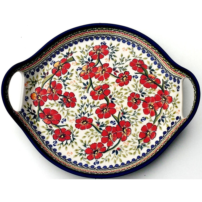 Polish Pottery 12.5" Round Stoneware Handled Platter Love Blossoms