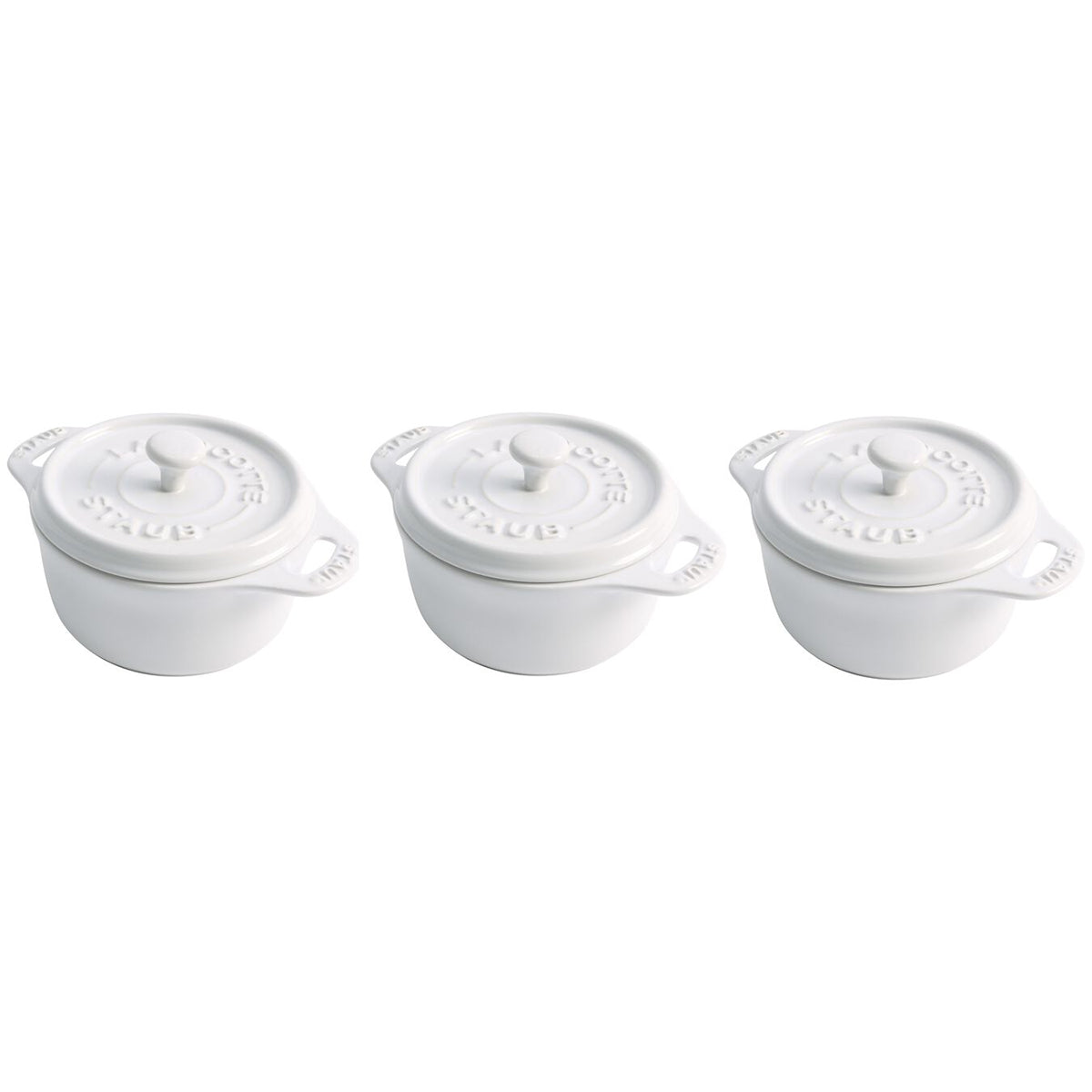 Staub Ceramic 3 Pc Mini Round Cocotte Set in White — Las Cosas