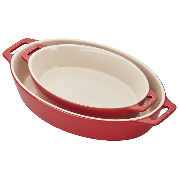 Staub Ceramic 2 Pc Oval Baking Dish Set in Cherry Red