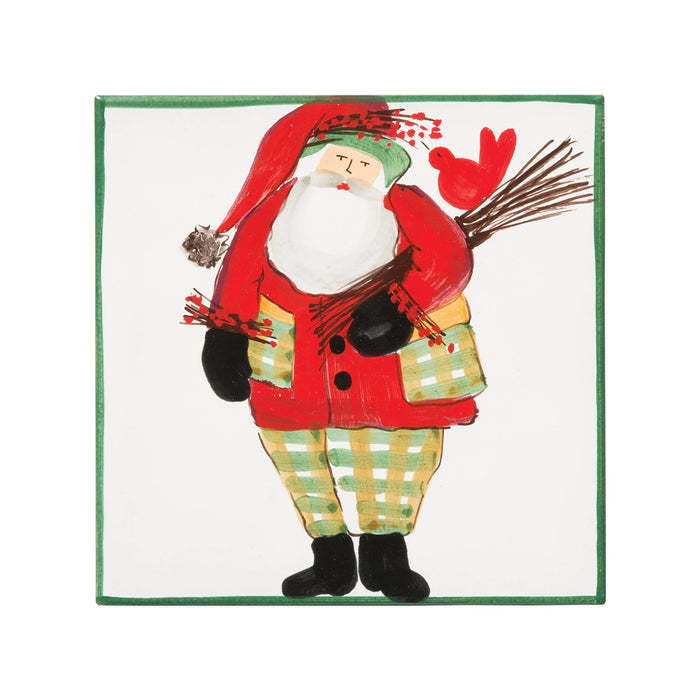 Vietri Old St. Nick Trivet- Green Border With Wood Pile